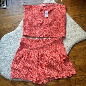 aerie Coral Floral Smocked Shorts Skort Set